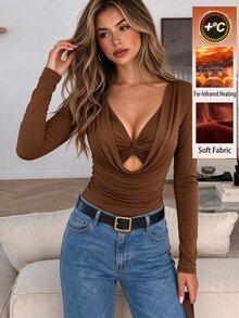 Elyressa Women's New Elegant Ruched Neck Twisted Knit Long Sleeve T-Shirt, Suitable For Layering And Outerwear - Coffee Brown - View 7