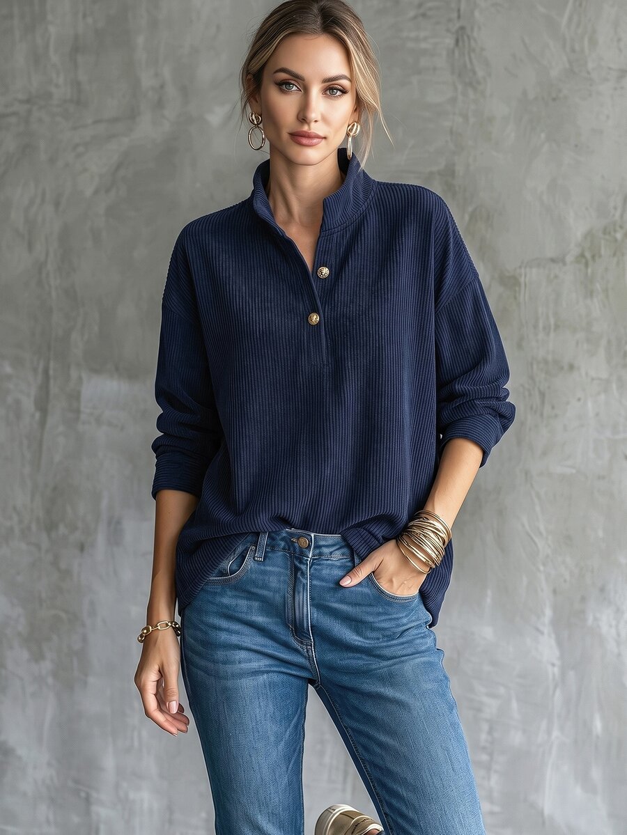 Trelyra Women's Autumn/Winter New Navy Blue Vertical Stripe Half-Placket Gold Button Stand Collar Top, Slouchy Dropped Shoulder Long Sleeve Loose Oversized Minimalist Commuter Pullover Sweatshirt