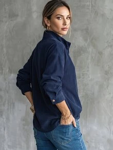 Trelyra Women's Autumn/Winter New Navy Blue Vertical Stripe Half-Placket Gold Button Stand Collar Top, Slouchy Dropped Shoulder Long Sleeve Loose Oversized Minimalist Commuter Pullover Sweatshirt - Navy Blue - View 6