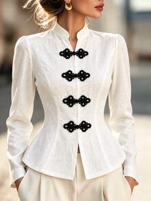 SHEIN Women's Chinese Style Blouse With Off-White Frog Buttons, Minimalist Vintage Retro Elegant Commute And Party Brunch Tea Party Wear For Fall/ - Apricot - View 1
