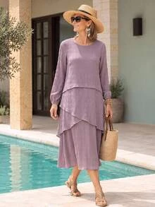 Miaspire Solid Color Round Neck Long Sleeve Casual Dress For Middle-Aged And Elderly Women - Dusty Purple - View 1