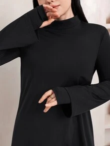 Veilorie 女款黑色立領長袖長版運動T恤 素色上衣 適合健身房 皮拉提斯 瑜伽 跑步 運動訓練 - 黑色 - 查看 6