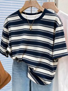 NostaNoir Striped Digital Print Fashionable Minimalist Women's Regular Round Neck T-Shirt, Friend's Gift - Multicolor - View 1