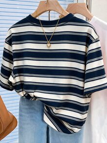 NostaNoir Striped Digital Print Fashionable Minimalist Women's Regular Round Neck T-Shirt, Friend's Gift - Multicolor - View 2