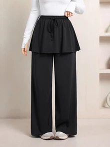 Veilorie Women's Black Drawstring, Eyelet-Detail Athletic Pants-A "Faux Two-Piece" Skirt Style-Suitable For The Gym, Pilates, Yoga, Running, Workouts, Daily - Black - View 7