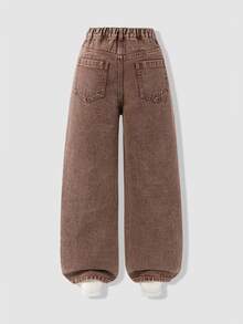 SHEIN Girls' Sweet Colorful Bow Embroidery Long Pants, Casual Loose Straight Wide Leg Trousers, Vintage Washed Coffee Color Elastic Waist Fashion Versatile Pants - Coffee Brown - View 5