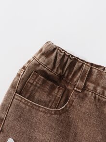 SHEIN Girls' Sweet Colorful Bow Embroidery Long Pants, Casual Loose Straight Wide Leg Trousers, Vintage Washed Coffee Color Elastic Waist Fashion Versatile Pants - Coffee Brown - View 6