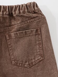SHEIN Girls' Sweet Colorful Bow Embroidery Long Pants, Casual Loose Straight Wide Leg Trousers, Vintage Washed Coffee Color Elastic Waist Fashion Versatile Pants - Coffee Brown - View 7