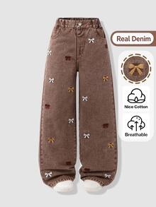 SHEIN Girls' Sweet Colorful Bow Embroidery Long Pants, Casual Loose Straight Wide Leg Trousers, Vintage Washed Coffee Color Elastic Waist Fashion Versatile Pants - Coffee Brown - View 4