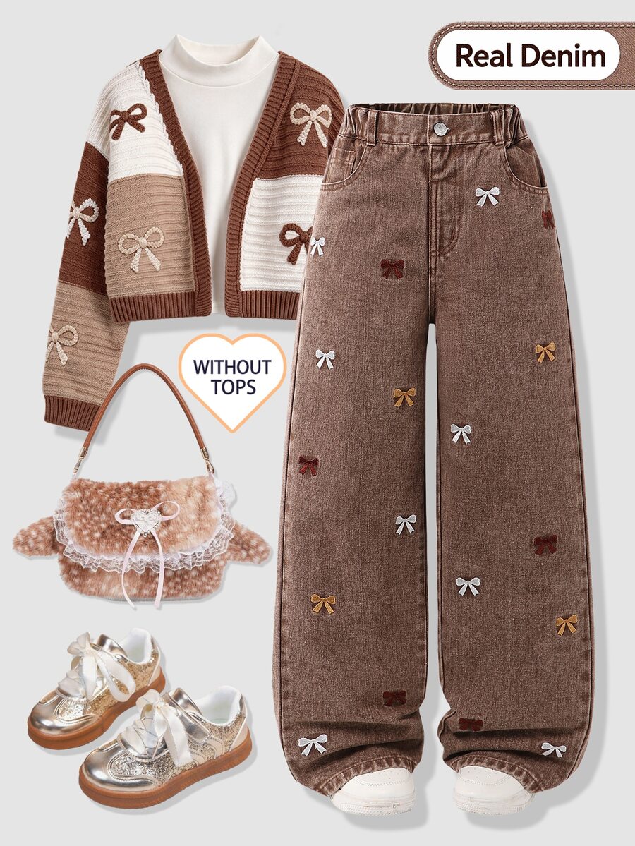 SHEIN Girls' Sweet Colorful Bow Embroidery Long Pants, Casual Loose Straight Wide Leg Trousers, Vintage Washed Coffee Color Elastic Waist Fashion Versatile Pants - Coffee Brown - View 1