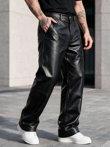 Manfinity CasualCool Men's Black PU Leather Pants, Fashionable Versatile Design Leather Pants, Casual Straight Leg Long Pants - Black - View 1