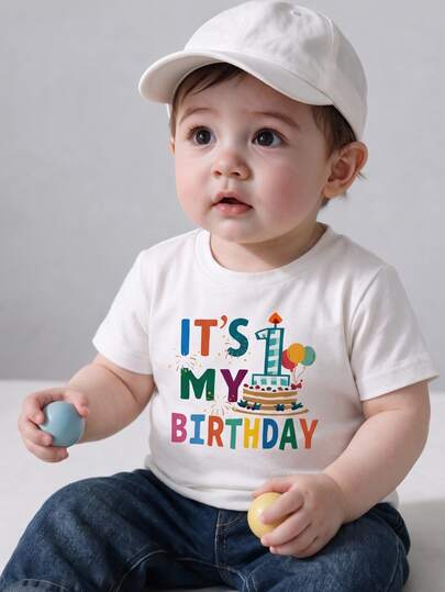 SHEIN Baby Boy Cute White Summer Casual Birthday Party T-Shirt,Fashionable Round Neck Short Sleeve Tee With English Slogan & Pattern,Loose Fit,Outdoor Gift
