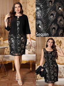 Reflora Plus Size Jacket Sequin Embroidered Dress 2 Pieces Set Autumn Evening Formal Party Black Black And Gold Elegant Casual Fall Christmas - Multicolor - View 14