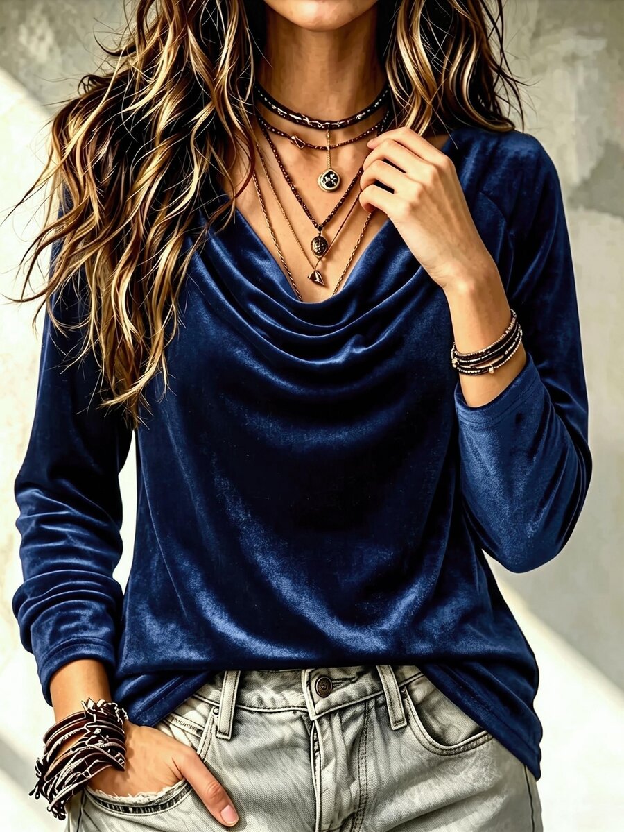 Glimmora New Women's Fashion Casual Versatile Cowl Neck Raglan Sleeve Long Sleeve T-Shirt - Blue - View 1