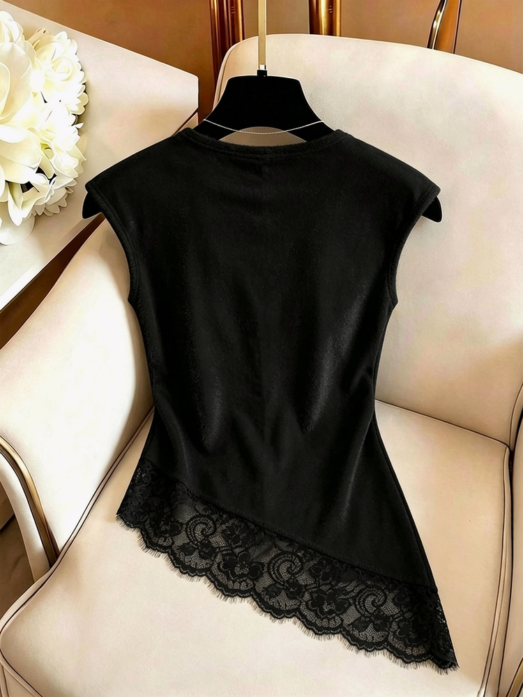 SHEIN Franclia Y2K Pure Desire Style Dark Velvet Sleeveless Women Cami Tops Round Neck Side Waist Gathered Ruched Asymmetrical Diagonal Floral Lace Trim Hem Tank Top - Black - View 2