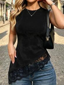 SHEIN Franclia Y2K Pure Desire Style Dark Velvet Sleeveless Women Cami Tops Round Neck Side Waist Gathered Ruched Asymmetrical Diagonal Floral Lace Trim Hem Tank Top - Black - View 7