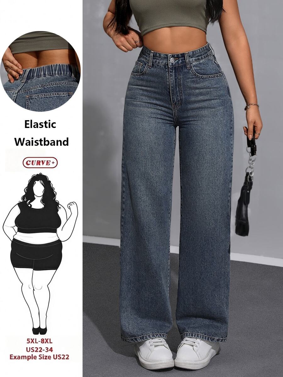 SHEIN CURVE+ Y2K Plus Size Vintage Washed Blue Wide Leg Jeans, High Waist Loose Streetwear Style, Suitable For Curvy Women - Dark Wash - View 1