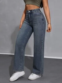SHEIN CURVE+ Y2K Plus Size Vintage Washed Blue Wide Leg Jeans, High Waist Loose Streetwear Style, Suitable For Curvy Women - Dark Wash - View 3