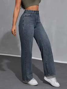 SHEIN CURVE+ Y2K Plus Size Vintage Washed Blue Wide Leg Jeans, High Waist Loose Streetwear Style, Suitable For Curvy Women - Dark Wash - View 6