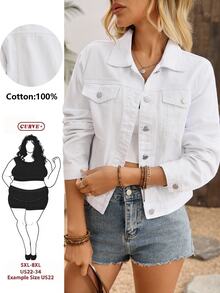 SHEIN CURVE+ Plus Size White Short Denim Jacket, Women's Lapel Long Sleeve Casual Button-Up Short Jacket - White - View 1