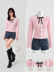 Elamini Women's Autumn/Winter Long Sleeve Fitted Lace Tie Bow Knit Sweater - Pink - View 1