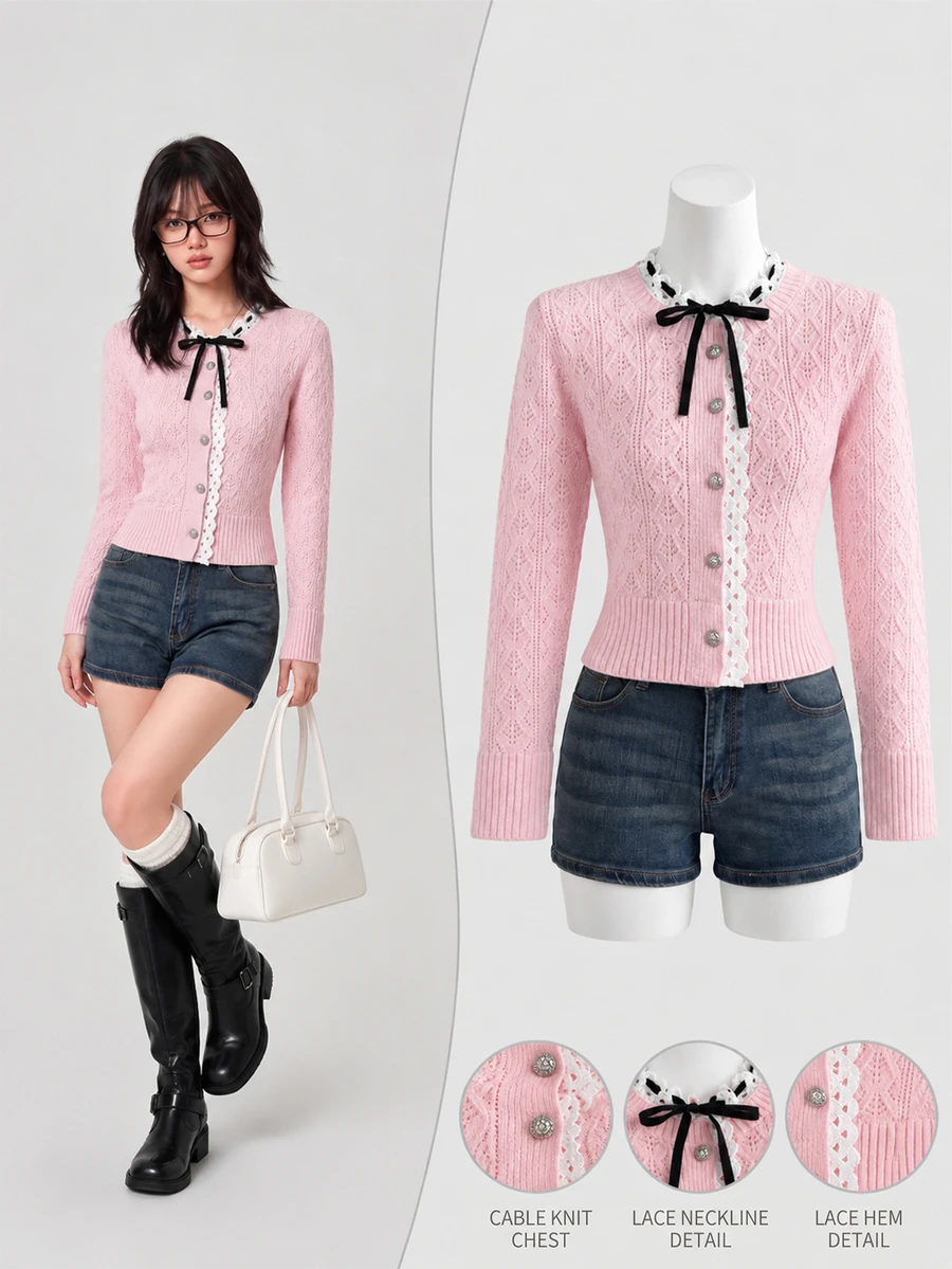 Elamini Women's Autumn/Winter Long Sleeve Fitted Lace Tie Bow Knit Sweater - Pink - View 1