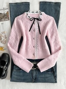 Elamini Women's Autumn/Winter Long Sleeve Fitted Lace Tie Bow Knit Sweater - Pink - View 8