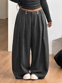 Coolane 女款大尺碼秋冬正式優雅街頭休閒嬉皮風條紋黑色寬鬆彈性腰帶中腰香蕉褲聖誕款 - 黑色 - 查看 7
