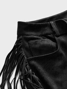FeverCity Men's Solid Color Waist Eyelet Buckle Design Side Fringe Long Pants - Black - View 9