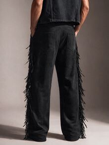 FeverCity Men's Solid Color Waist Eyelet Buckle Design Side Fringe Long Pants - Black - View 3