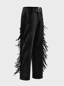 FeverCity Men's Solid Color Waist Eyelet Buckle Design Side Fringe Long Pants - Black - View 6