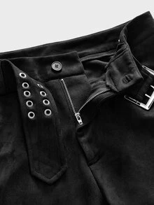 FeverCity Men's Solid Color Waist Eyelet Buckle Design Side Fringe Long Pants - Black - View 7