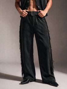 FeverCity Men's Solid Color Waist Eyelet Buckle Design Side Fringe Long Pants - Black - View 11