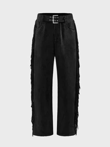 FeverCity Men's Solid Color Waist Eyelet Buckle Design Side Fringe Long Pants - Black - View 8