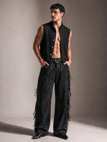 FeverCity Men's Solid Color Waist Eyelet Buckle Design Side Fringe Long Pants - Black - View 4