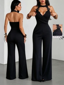 SHEIN Tall Women's Elegant Casual Daily Outing Party Lace Design Cinched Waist Cross Neck Button Jumpsuit - Black - View 1