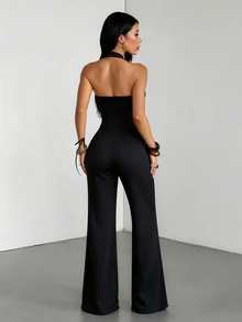 SHEIN Tall Women's Elegant Casual Daily Outing Party Lace Design Cinched Waist Cross Neck Button Jumpsuit - Black - View 2