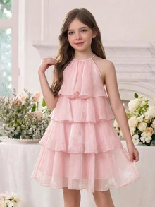 SHEIN Tween Girl Loose Elegant Backless Sleeveless Ruffle Mid-Length Dress, Party Dress - Pink - View 1