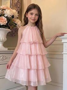 SHEIN Tween Girl Loose Elegant Backless Sleeveless Ruffle Mid-Length Dress, Party Dress - Pink - View 7