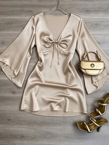CHARMVALE Solid Color Satin Women's Flared Sleeve V-Neck Short Dress - Champagne - View 6