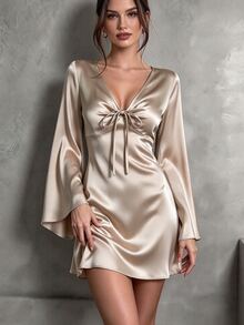 CHARMVALE Solid Color Satin Women's Flared Sleeve V-Neck Short Dress - Champagne - View 4
