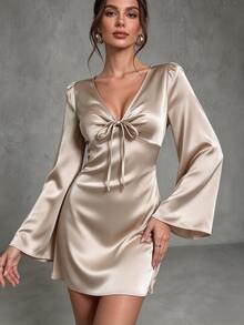 CHARMVALE Solid Color Satin Women's Flared Sleeve V-Neck Short Dress - Champagne - View 1