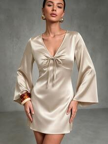 CHARMVALE Solid Color Satin Women's Flared Sleeve V-Neck Short Dress - Champagne - View 7