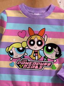 THE POWERPUFF GIRLS X SHEIN 女嬰紫色卡通印花長袖運動衫與喇叭褲休閒Y2K可愛日常套裝拍照家庭款秋季 - 紫色 - 查看 5