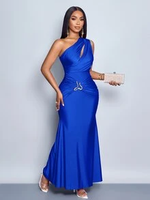 SOLERSUN Royal Blue Hollow Out Asymmetric Neck Slim Fit Long Dress With Metal Trim, Elegant Summer Party Dress - Royal Blue - View 7