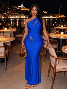 SOLERSUN Royal Blue Hollow Out Asymmetric Neck Slim Fit Long Dress With Metal Trim, Elegant Summer Party Dress - Royal Blue - View 6
