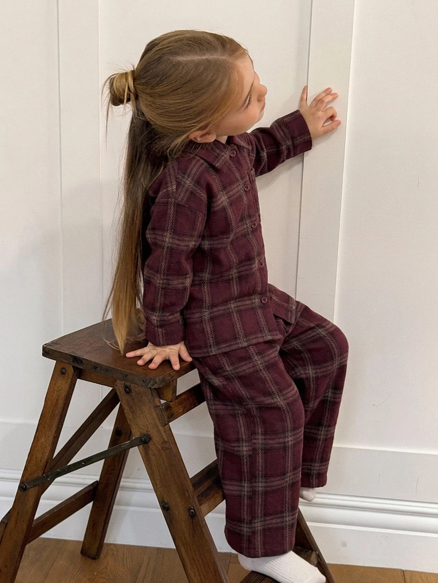 Dazy Kids Young Girls Burgundy Plaid Long Sleeve Collared Shirt + Straight Leg Pants Set, Loungewear Fall - Burgundy - View 1