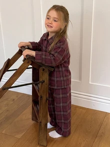 Dazy Kids Young Girls Burgundy Plaid Long Sleeve Collared Shirt + Straight Leg Pants Set, Loungewear Fall - Burgundy - View 4