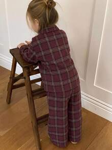 Dazy Kids Young Girls Burgundy Plaid Long Sleeve Collared Shirt + Straight Leg Pants Set, Loungewear Fall - Burgundy - View 2