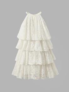 Tween Girl Loose Fit Layered Solid Ivory Knit Lace Elegant Halter Neck Sleeveless Ruffle Hem Midi Dress Party Dress Partywear - Apricot - View 3